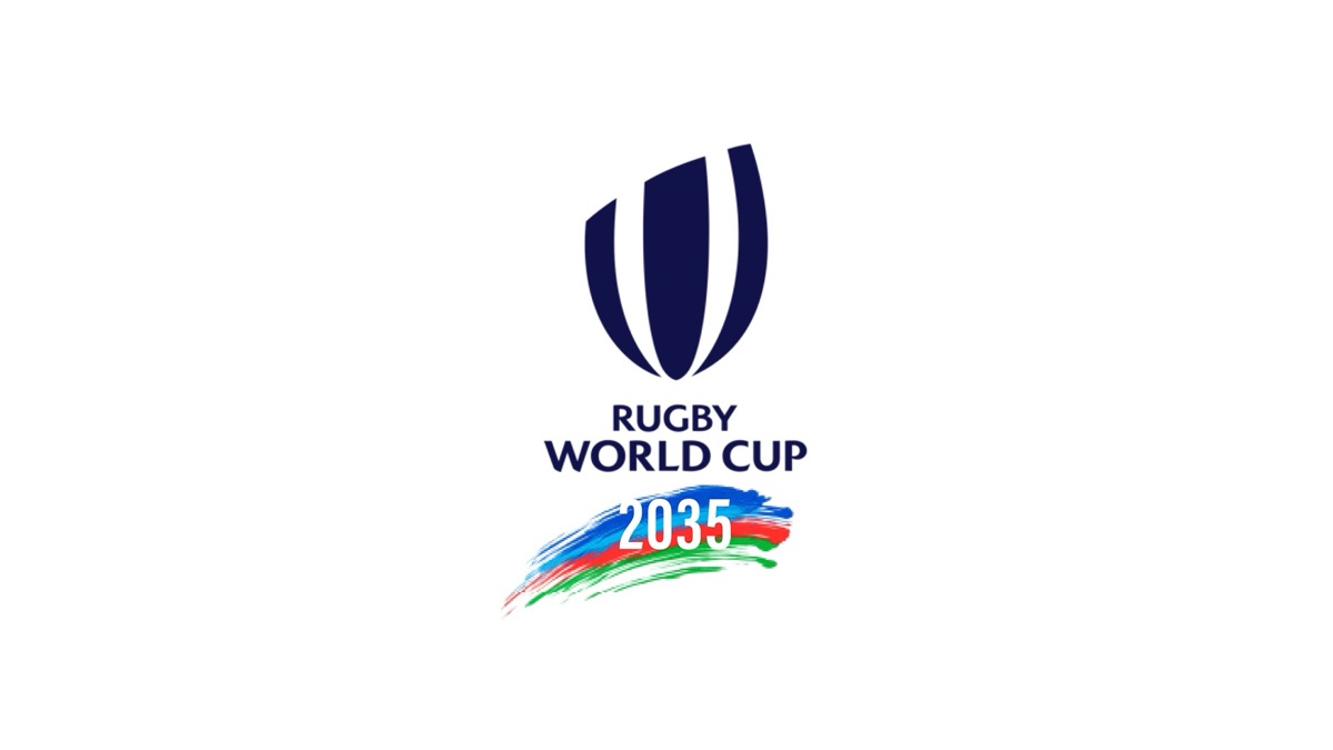 Logo de la Rugby World Cup en azul oscuro con el año 2035 escrito en blanco sobre una pincelada celeste, roja y verde, sobre fondo blanco