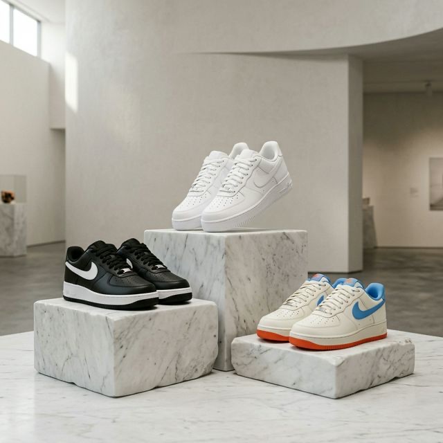 Nike Air Force 1 en tres colorways exhibidas en pedestales de mármol