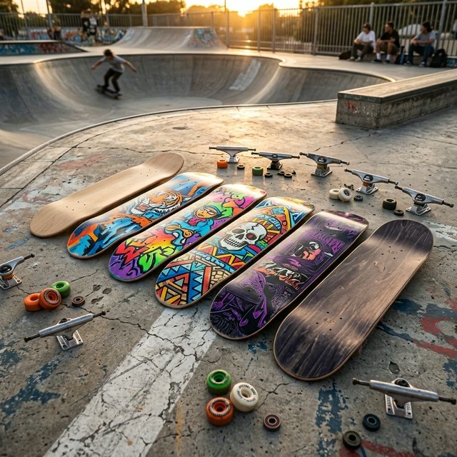 Tablas de skate de distintos tamaños en un skatepark al atardecer con trucks y ruedas