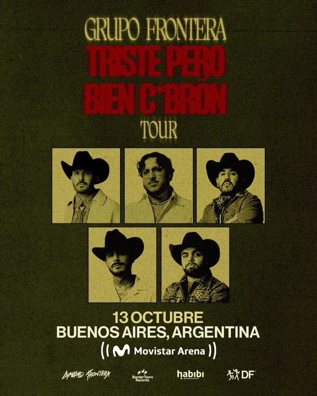 Afiche oficial del show de Grupo Frontera en Buenos Aires: sobre fondo verde oscuro, el nombre del 