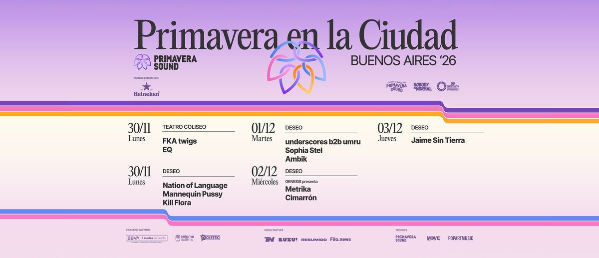 Afiche oficial de Primavera en la Ciudad Buenos Aires '26: sobre un fondo lila con franjas violetas, rosas y naranjas, la grilla de shows del 30 de noviembre al 3 de diciembre en el Teatro Coliseo y en Deseo, con el logo de Primavera Sound en el centro