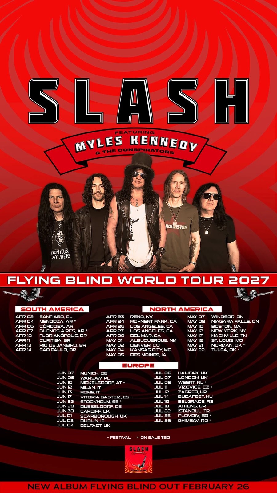 Afiche oficial del Flying Blind World Tour 2027 con la banda en primer plano y las fechas de Sudamérica, Norteamérica y Europa