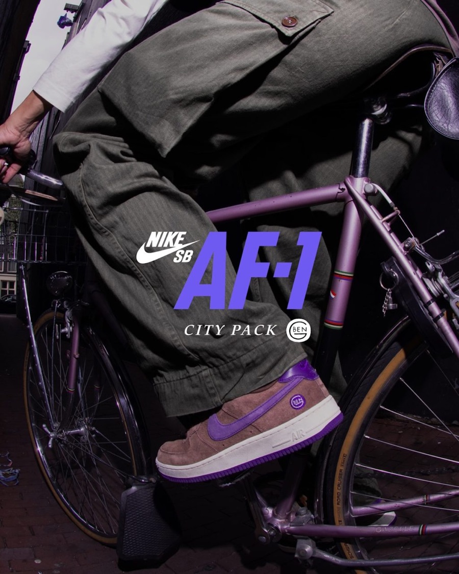 Campaña del Nike SB Air Force 1 City Pack de Ben-G: un skater en bicicleta violeta por Ámsterdam con las zapatillas de gamuza marrón, Swoosh y suela violeta y logo redondo de Ben-G en el talón, con el logo de Nike SB AF-1 City Pack sobreimpreso