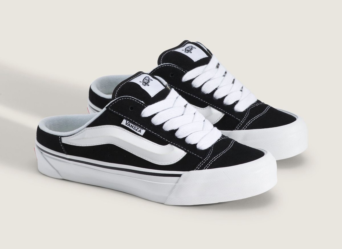 Vansza Knu Skool Mule de SZA x Vans en negro y blanco, sin talón y con etiqueta lateral VANSZA