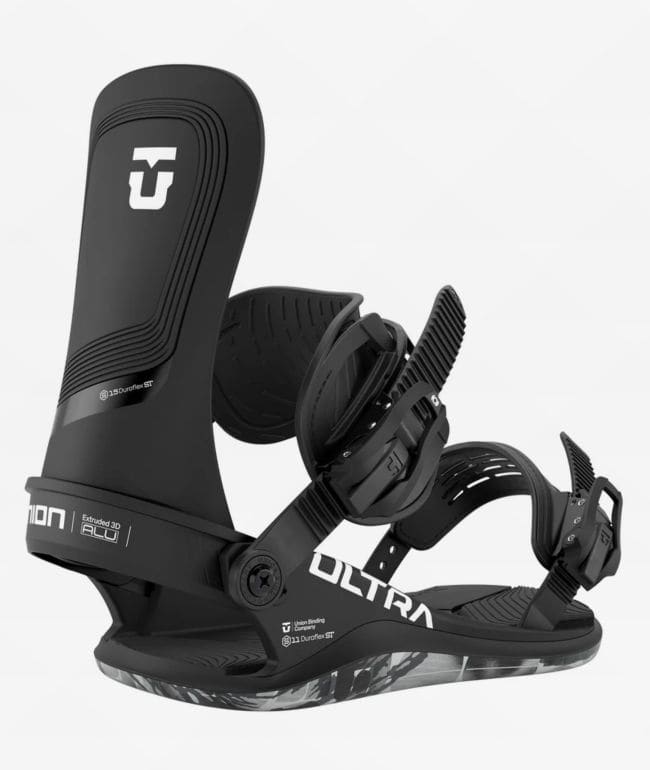 Fijación de snowboard Union Ultra 2026 negra con highback negro, logo Union blanco y la palabra Ultra en la base